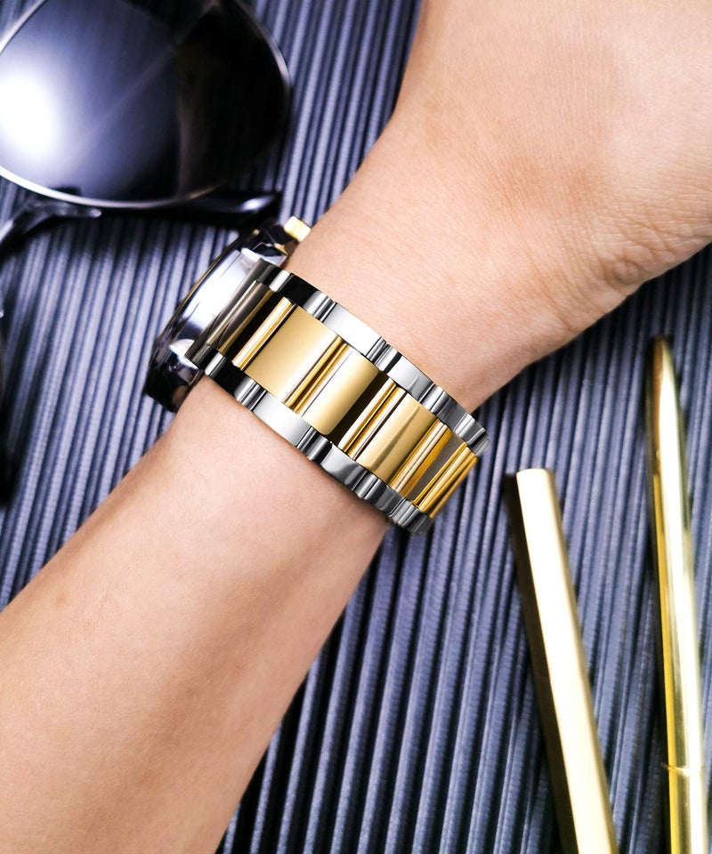 BINLUN Thick Stainless Steel Watch Band Metal Heavy Polished Matte Brushed Finish Watch Strap Replacement for Men Women 16mm/18mm/20mm/21mm/22mm/23mm/24mm/26mm(Polished Silver and Gold,20mm) - Image 3